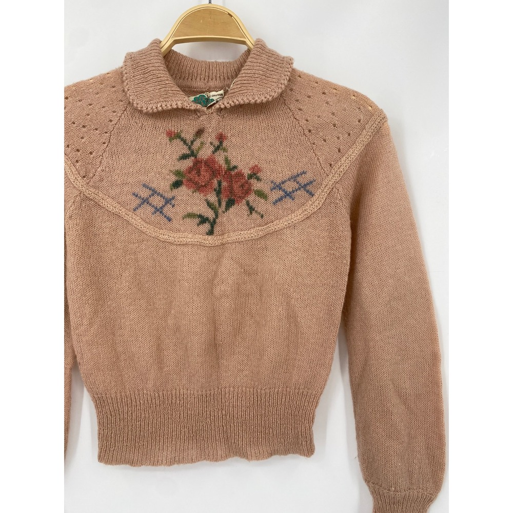 Vintage Pointelle Organically Grown Sweater Pink Floral Vintage 70s